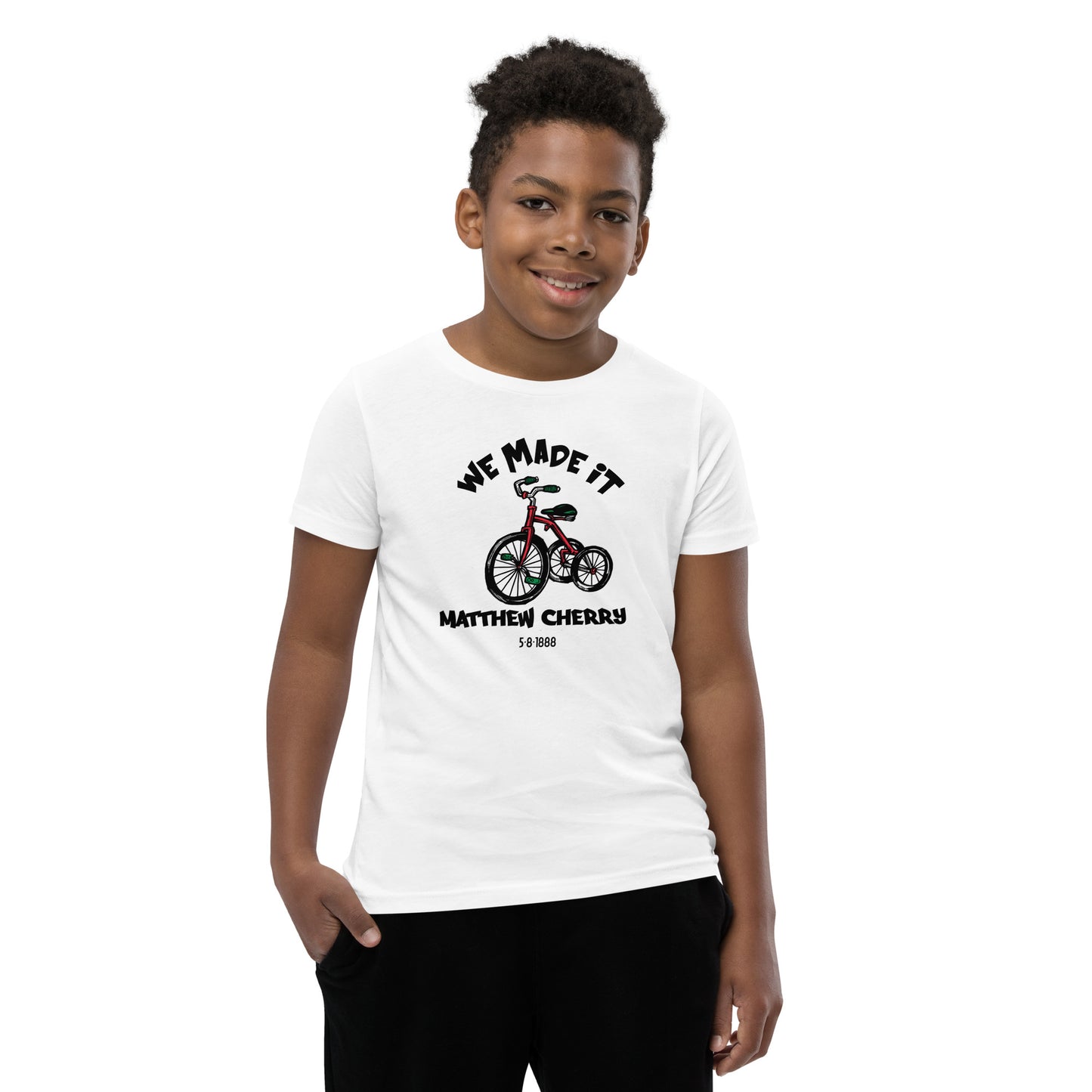 We Made It, Youth T-Shirt | Pedal the Path Matthew Cherry Tricycle Patent T-Shirt